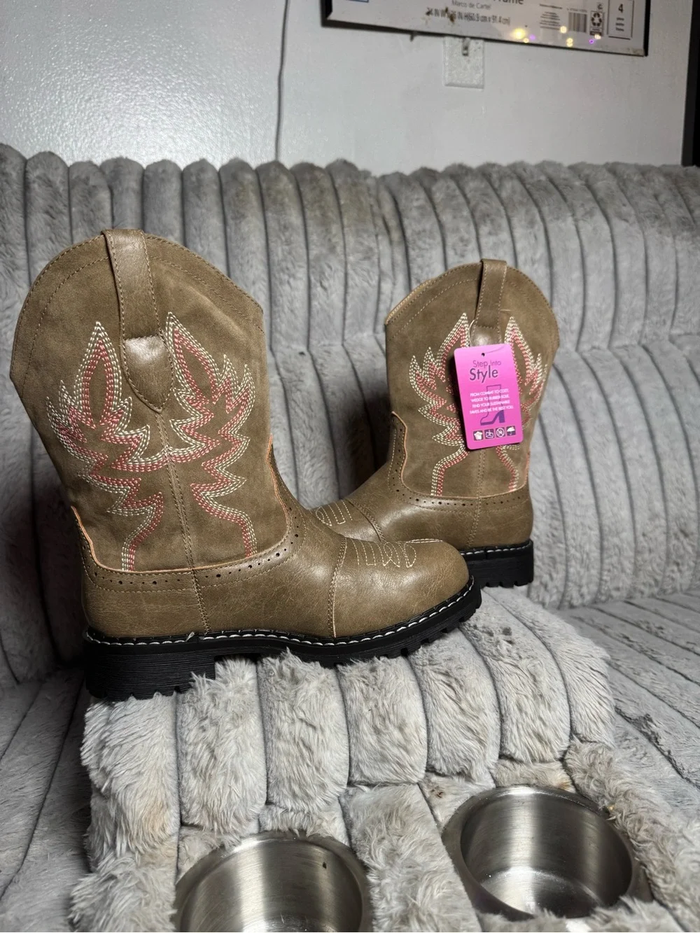 Hawkwell Tan Western Boots with Pink Stitching
